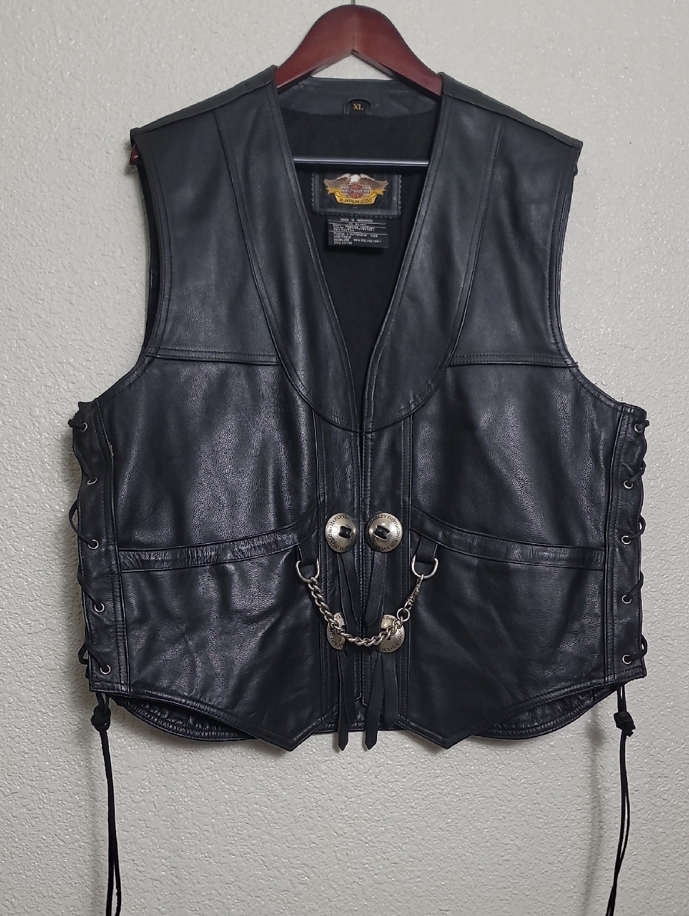 Vintage Harley-Davidson Black Vest with Gold and Orange Eagle Patch